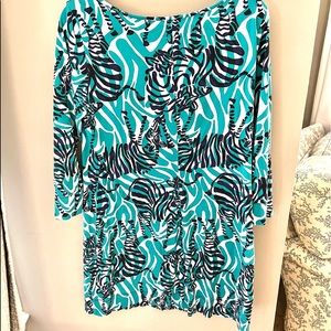 Lilly Pulitzer turquoise and navy cotton tshirt dress, fun zebra print